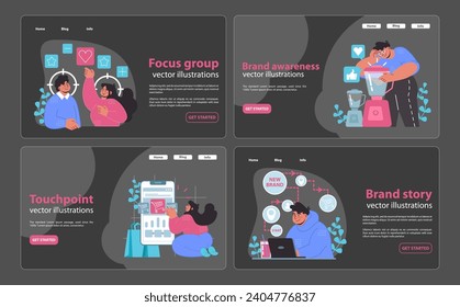 Branding strategy set. Engaging focus groups, heightening brand awareness, narrating brand stories. Interactions that shape market identity. Flat vector illustration.