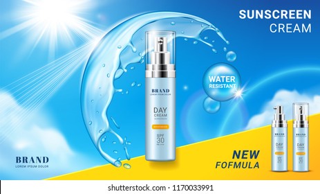 Branding of sunscreen cream or package side for skin spray product. Aerosol for sun protection at sky with water bubble splash reflecting sun rays. Advertising and skincare, packaging theme