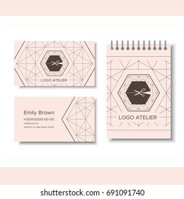 Branding for tailor shop, dressmakers salon, sewing studio, clothing store and fashion designer. Logo, business card, notepad. Vector illustration in modern style