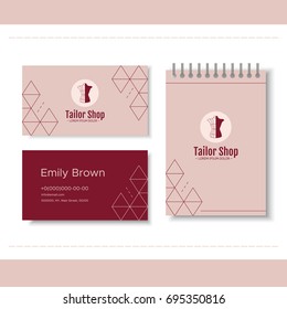 Branding for tailor shop, dressmakers salon, sewing studio, clothing store and fashion designer. Logo, business card, notepad. Vector illustration in modern style