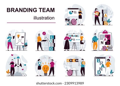 Branding team concept with character situations mega set. Bundle of scenes people launch brand, create logo and identity, making marketing promotional campaign. Vector illustrations in flat web design