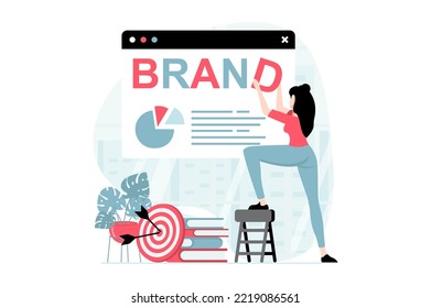 El concepto de equipo de promoción de marca con la escena de la gente en diseño plano. La mujer planifica la estrategia de negocios, la selección de objetivos y la promoción en línea para el inicio o la nueva marca. Ilustración de vector con situación de caracteres para web