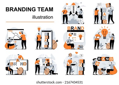 Branding team concept with people scenes set in flat design. Women and men launch business brand, create logo and identity, company personality. Vector illustration visual stories collection for web