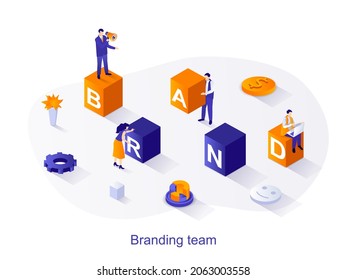 Branding team isometric web concept. People create brand corporate identity, reputation management. Company development success strategy scene. Vector illustration for website template in 3d design