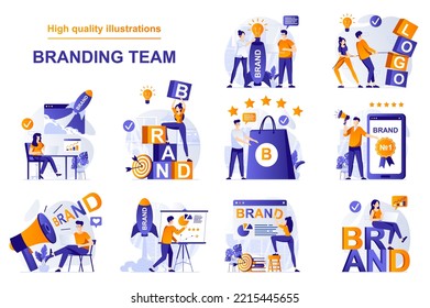 Branding team web concept with people scenes set in flat style. Bundle of new brand building for business, creating trademark and logo, success strategy. Vector illustration with character design