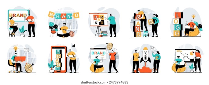 Concepto de Web de equipo de marca con escenas de personas mega conjunto en diseño plano. Paquete de situaciones de carácter con logo e identidad creadora, personalidad de la empresa, lanzamiento de marca comercial. Ilustraciones vectoriales.