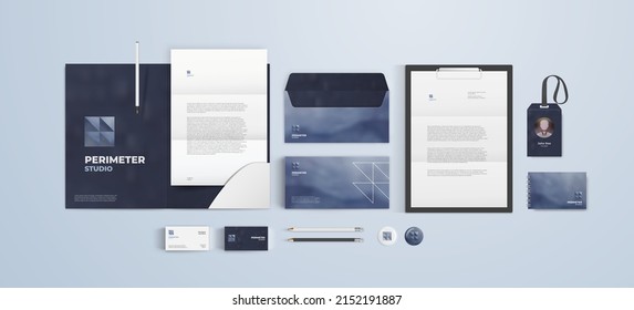 Branding Template For IT Or Architect Company. Corporate Style Set With Minimal Square Logo And Blue Stone Background. Vector Stationery Mockup Design.