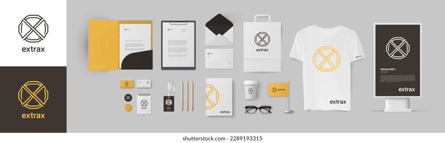 Branding template. Orange color logo with X letter and color background corporate branding set. Stationery branding mockup with folder A4, business cards, envelope and streen lightbox.