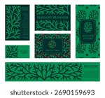 Branding Templates Set with Hand Drawn Cypress Branches. Vector Design for Business Card, Banner, Label and Holiday Packaging. Green Botanical Set in Engraving Style