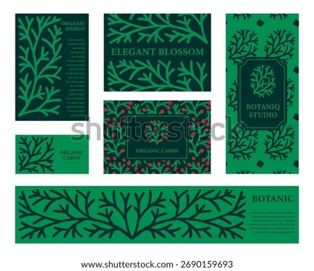 Branding Templates Set with Hand Drawn Cypress Branches. Vector Design for Business Card, Banner, Label and Holiday Packaging. Green Botanical Set in Engraving Style