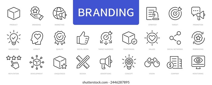 Branding thin line icons set. Brand, marketing, product, positioning icon. Vector