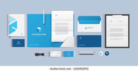 Branding for transport cargo company. Blue corporate identity style with cube logo and color background. Vector design template.