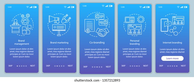 Branding types onboarding mobile app page screen vector template. Brand marketing. Personal, internet branding. Walkthrough website steps, linear illustration. UX, UI, GUI smartphone interface concept