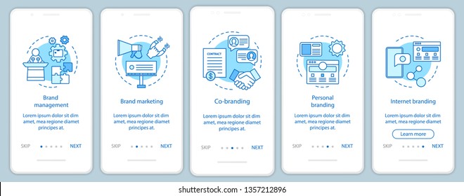 Branding types onboarding mobile app page screen vector template. Personal, internet branding, co-branding. Walkthrough website steps, linear illustrations. UX, UI, GUI smartphone interface concept