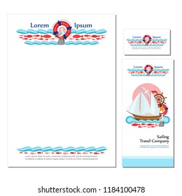Branding typography layouts for marine company. Logo, page elements, blank for message, letter, visiting card, leaflet cover, brochure template, text place, vector illustration with nautical motif.