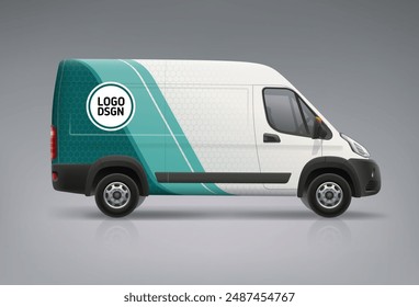 Branding Van Mock-Up for corporate identity company. Abstract graphics of green stripes. Branding vehicle. Vector Van with branding design livery. Abstract business background for vehicle branding