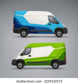 Branding Van mockup con diseño de envoltura. Gráficos abstractos en vehículos corporativos. Camión de entrega de la empresa. Vehículo de promoción de marca. Vector editable