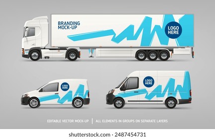 Branding Van, Truck, Delivery Car Mock-Up with graphics design for corporate identity. Set of Branding vehicle. Abstract vector graphics for business brand identity on car