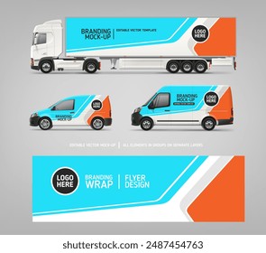 Branding Van, Camión, Entrega Mock-Up con diseño gráfico para la identidad corporativa. Conjunto de la marca del vehículo. Gráficos Abstractas del Vector para la identidad de la marca del negocio en el coche