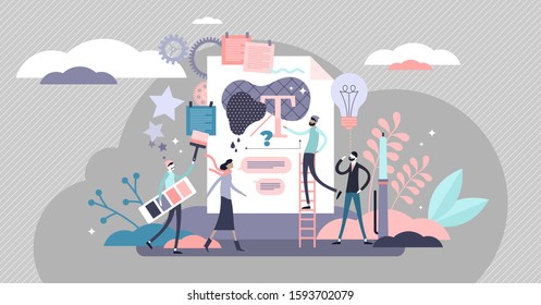 Branding vector illustration. Business or product image development process in flat tiny persons concept. Creative marketing elements service to make successful corporate logo, color and text style.