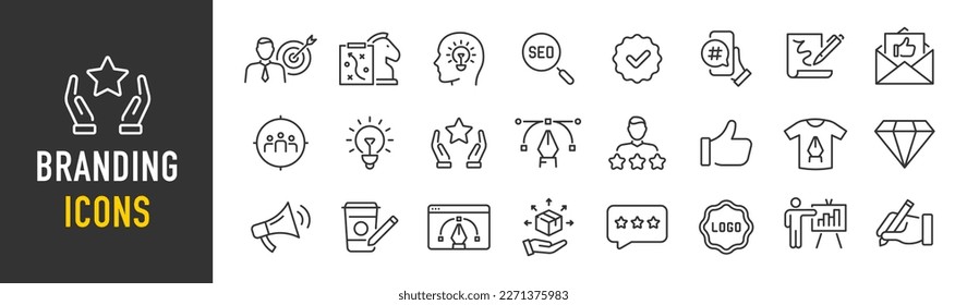Marcar icono web en estilo de línea. Marketing digital, producto, logotipo, idea, marca, colaboración, medios sociales, público objetivo, promoción, colección. Ilustración vectorial.