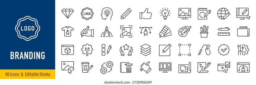 Branding web icon set in line style. Digital marketing, product, logo, idea, brand, collaboration, social media, target audience, promotion, collection. Editable stroke. Vector illustration.