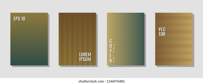 Branding zig zag banner templates, wavy lines gradient stripes backgrounds for business cover. Curve shapes stripes, zig zag edge lines halftone texture gradient journal covers set in brown.