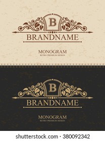 Brandname Monogram logo template with flourishes calligraphic elegant ornament elements, Elegant line art logo, Business sign for Royalty, Boutique, Cafe, Hotel, Heraldic, Jewelry, Wine