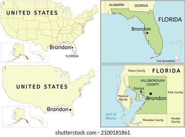 Brandon census-designated place location on USA, Florida state and Hillsborough County map