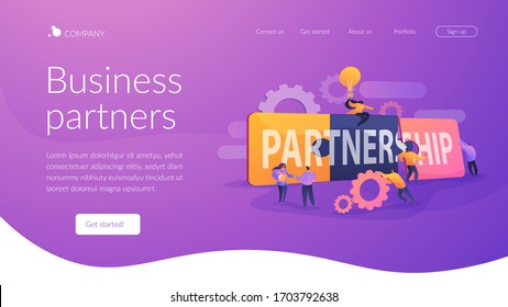 Brands cooperating. Marketing strategy. Organisations collaboration. Partnership and agreement, cooperation and teamwork, business partners concept. Website homepage header landing web page template.