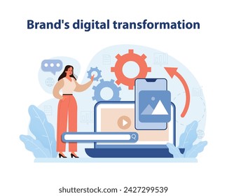 In: Brand’s Digital Transformation. Eine moderne Vektor-Illustration, die den dynamischen Prozess der Reise einer Marke durch digitale Innovation und technologische Integration erfasst. Flache Vektordarstellung.