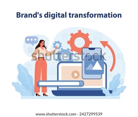 Brand's Digital Transformation. A modern vector illustration that captures the dynamic process of a brand's journey through digital innovation and technological integration. Flat vector illustration.