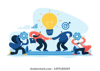 Brands partnership. Business success. Marketing strategy. Working team collaboration, enterprise cooperation, colleagues mutual assistance concept. Vector isolated concept creative illustration.