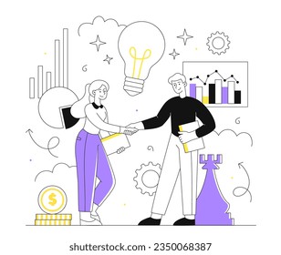 Brands partnership line concept. Man and woman shake hands against background of chess pieces and gears. Collaboration and cooperation. Investor and entrepreneur. Linear flat vector illustration