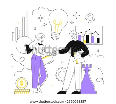 Brands partnership line concept. Man and woman shake hands against background of chess pieces and gears. Collaboration and cooperation. Investor and entrepreneur. Linear flat vector illustration
