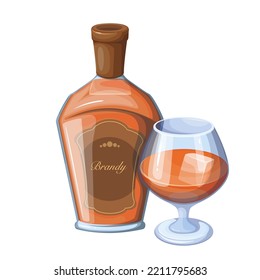 Brandy alcohol drink in snifter glass with ice cubes and bottle vector illustration. Cartoon strong liquor from distilled wine, isolated cold brown alcoholic beverage for tasting in bar or pub