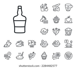 Brandy alcohol sign. Crepe, sweet popcorn and salad outline icons. Scotch bottle line icon. Scotch bottle line sign. Pasta spaghetti, fresh juice icon. Supply chain. Vector