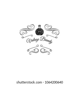 Brandy bootle icon. Alcoholic beverage. Alcohol menu design. Swirls, decorations Vector illustration
