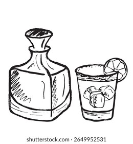 Brandy bottle with a drinking glass shot with lemon slice and ice cubes in black brush stroke texture isolated on white. Hand drawn vector sketch illustration in vintage charcoal ink. Bar menu design