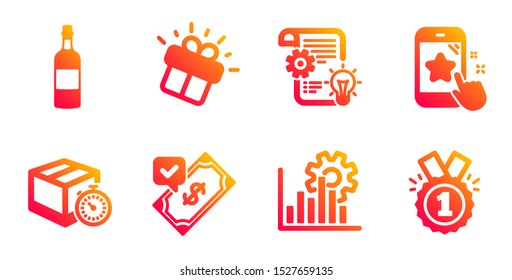 Brandy bottle, Gift and Accepted payment line icons set. Star rating, Cogwheel and Delivery timer signs. Seo graph, Approved symbols. Whiskey, Marketing box. Business set. Vector
