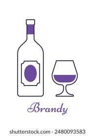 Brandy bottle and glass. Linear alcohol drinks with wineglasses in flat design. Thin line icons. Violet outline objects beverages isolated on white background. Thin line icons. Vector illustration.