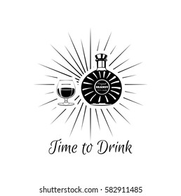 Brandy bottle and a glass of whiskey. Lets Drink. Vector Illustration