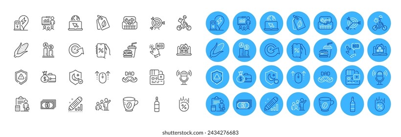 Brandy bottle, Guard and Swipe up line icons pack. Internet, Accounting, Payment web icon. Hamburger, Card, Father day pictogram. Loan percent, Delivery bike, Toolbox. Attention, Target. Vector