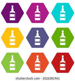 Brandy bottle icon set many color hexahedron isolated on white vector illustration