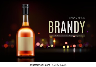 Brandy bottle mockup banner. Closed blank flask with strong alcohol drink mock up on dark background with defocused bokeh lights, beverage promo advertising design. Realistic 3d vector illustration