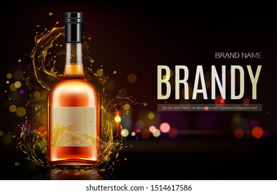 Brandy Bottle Mockup Banner. Closed Blank Flask With Strong Alcohol Drink Mock Up On Dark Background With Defocused Bokeh Lights And Liquid Splashes, Beverage Promo. Realistic 3d Vector Illustration