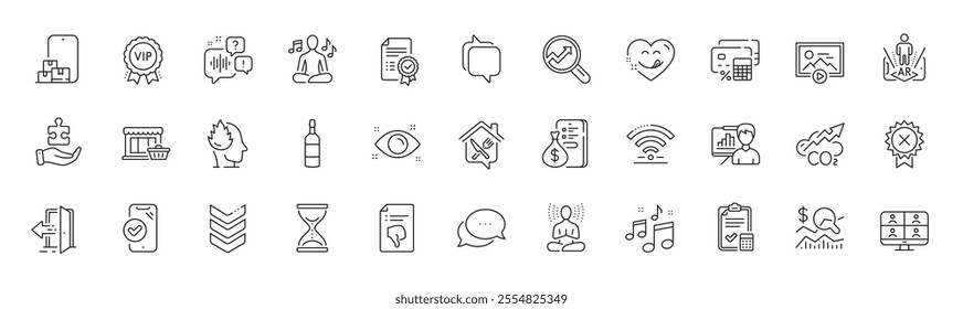 Brandy bottle, Puzzle and Online storage line icons. Pack of Presentation board, Accounting checklist, Certificate icon. Augmented reality, Approved phone, Shoulder strap pictogram. Line icons. Vector