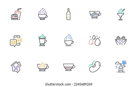 Brandy bottle, Water drop and Food delivery line icons for website, printing. Collection of Alcohol addiction, Coffee cup, Beans icons. Bombon coffee, Food app, Cappuccino cream web elements. Vector