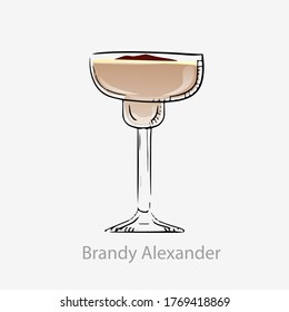 Brandy Cocktail Alexander. Milkshake Cocktail alkoholische, braune weiße Verdauung auf der Grundlage von cognac Schokoladencreme serviert ohne Eis Vektorglas Sauer Kategorie unvergesslich.