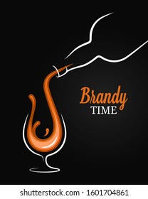 Brandy or cognac splash. Bottle with glass of brandy on black background